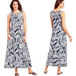 TALBOTS Graphic Botanical Maxi Jersey Knit Dress Back Zipper Black / White Sz M